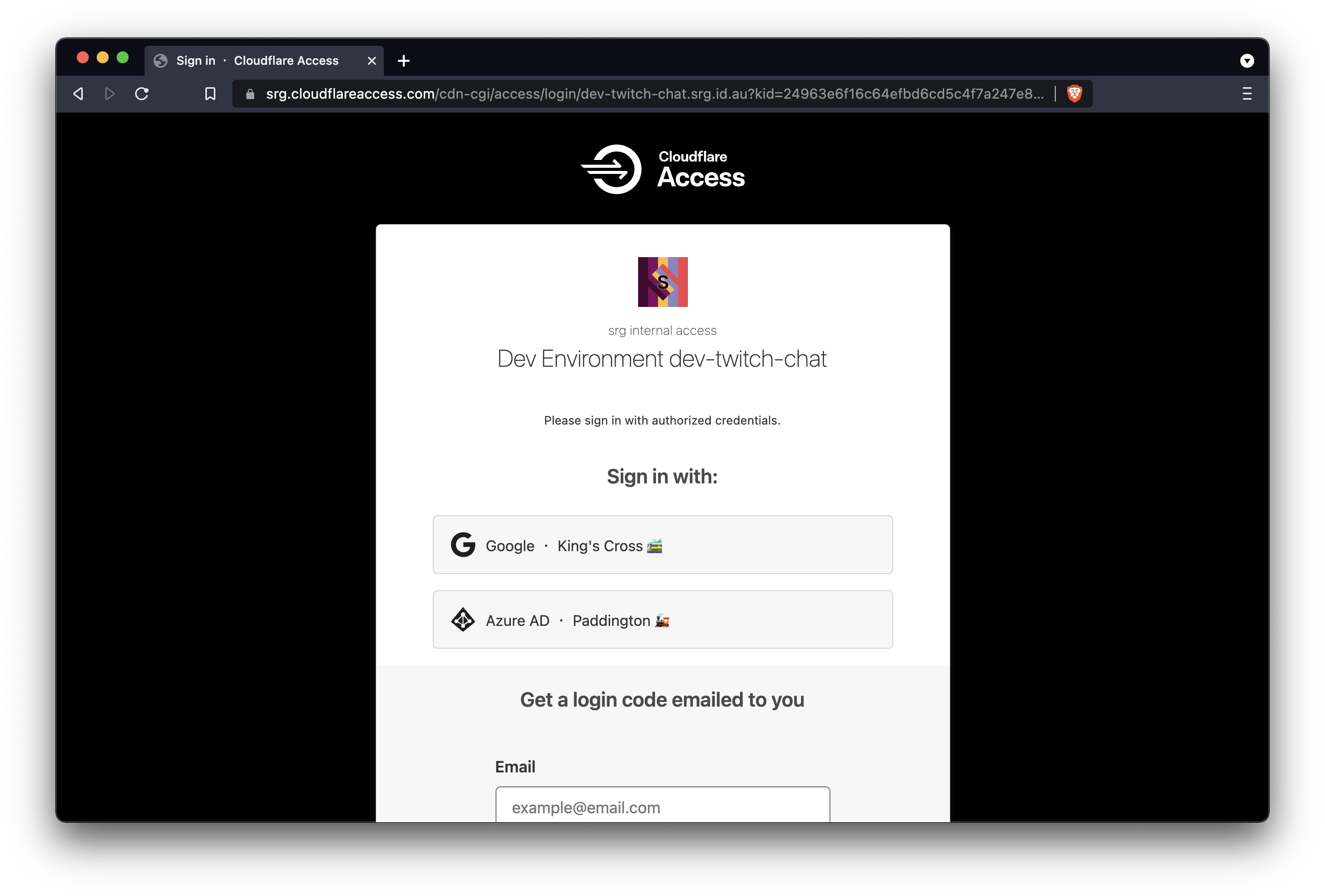 Cloudflare Access login UI for an environment session.