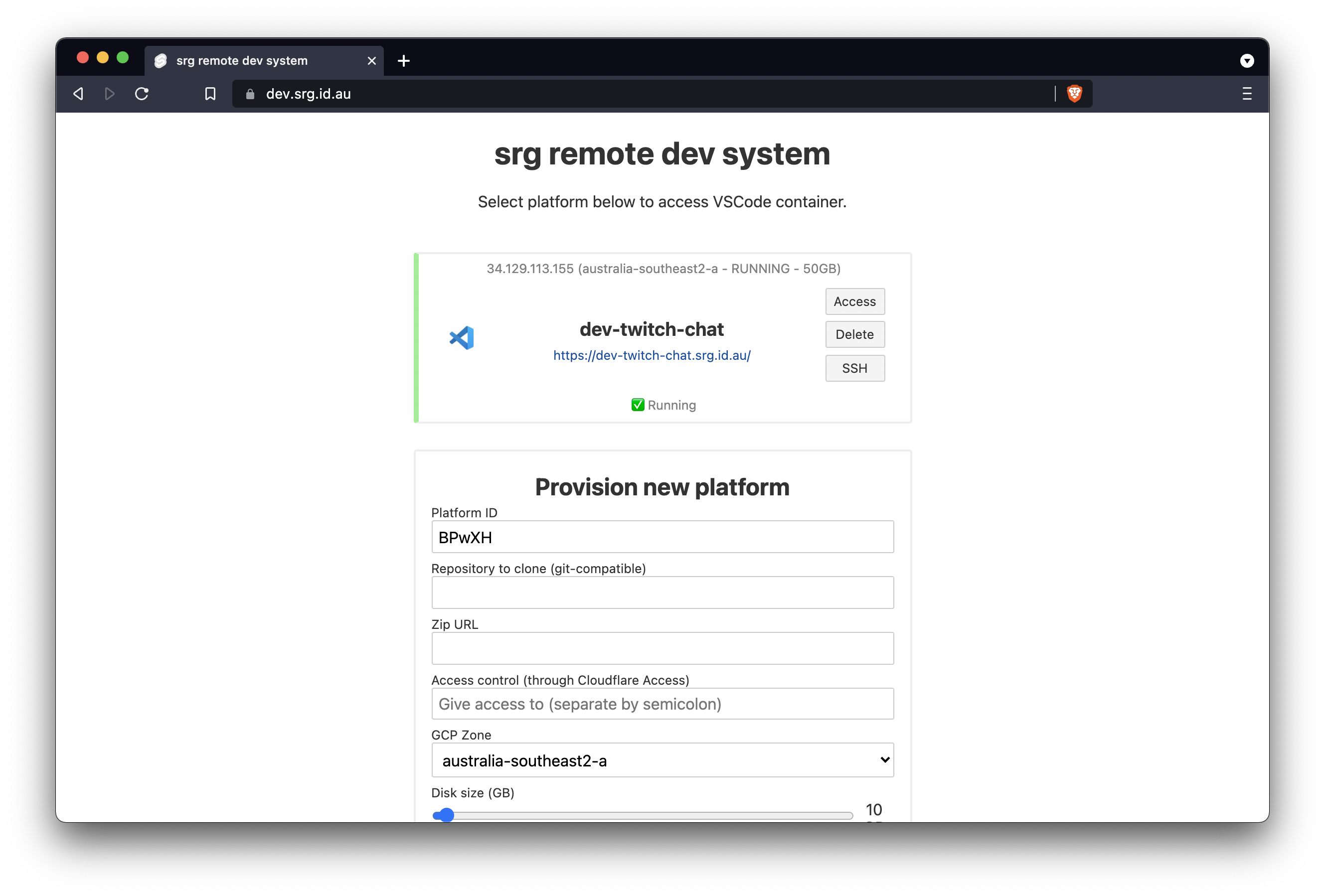 Management console showing the list of running environments.