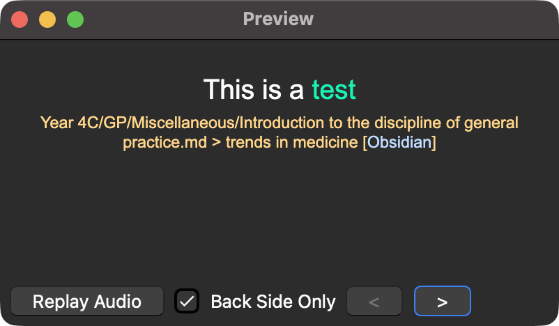 An Anki card with This is a test on it, the test part is blue.