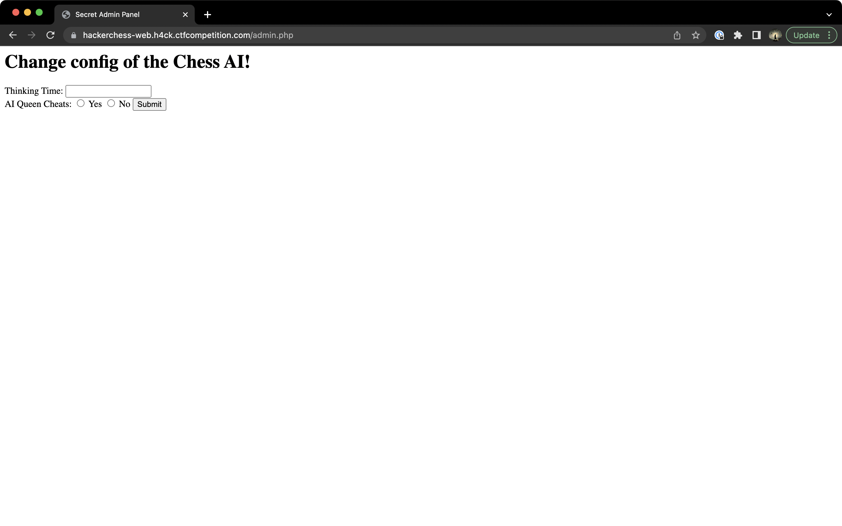 The configuration page for the chess game.
