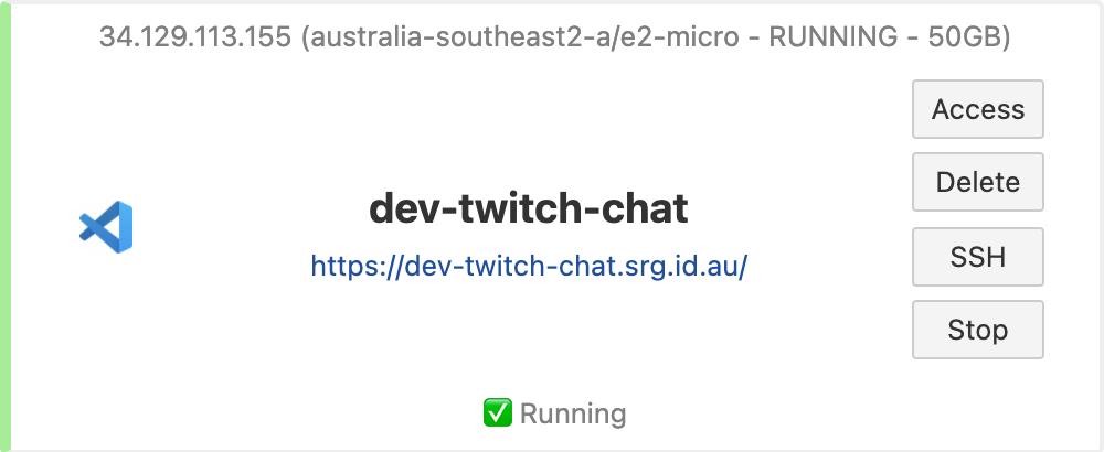 Management console listing environment details such as IP, zone, machine type, status, and disk size.
