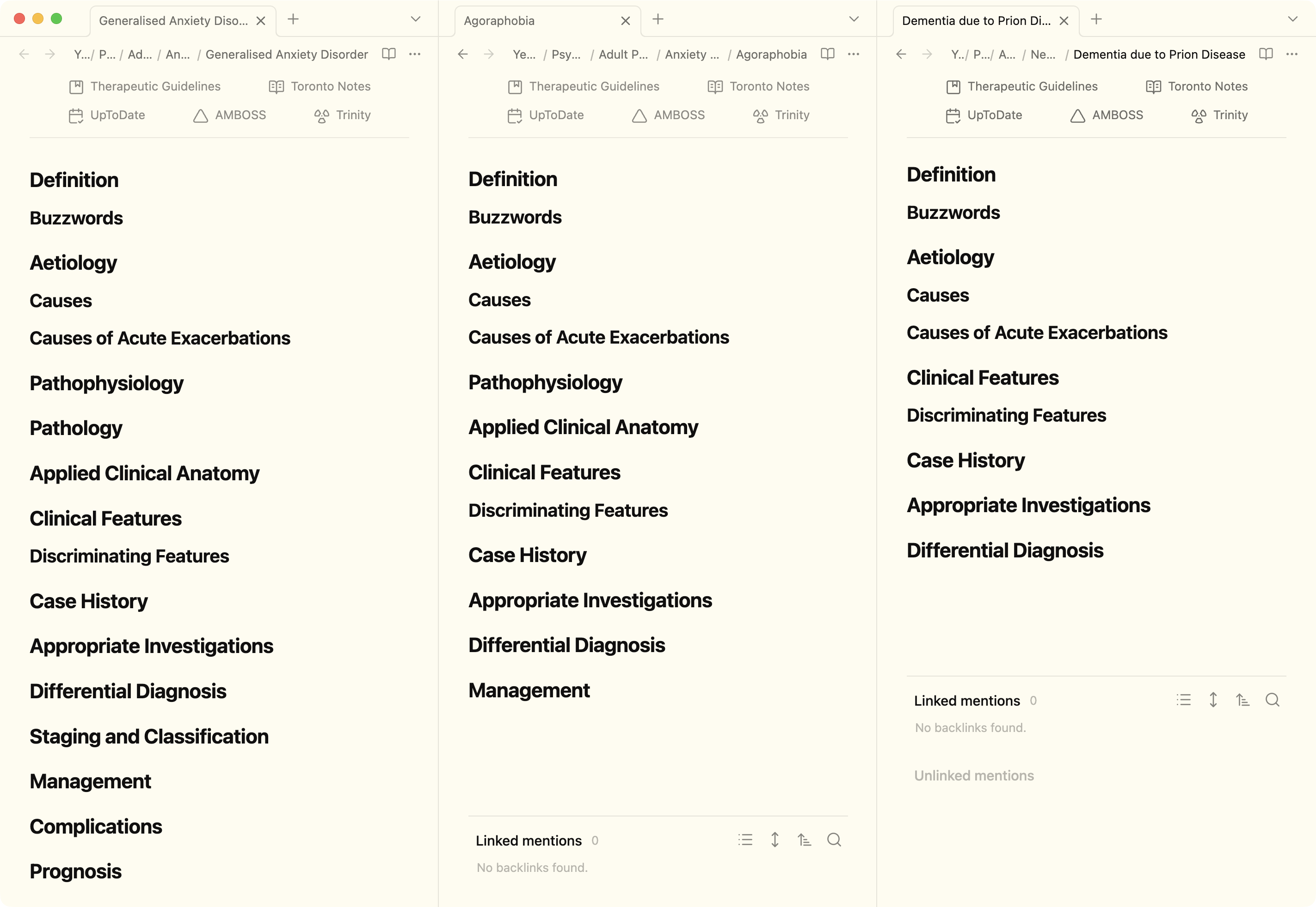 An obsidian window with three files side-by-side. The leftmost file has the most headings, with the number of headings decreasing as we proceed to the right.