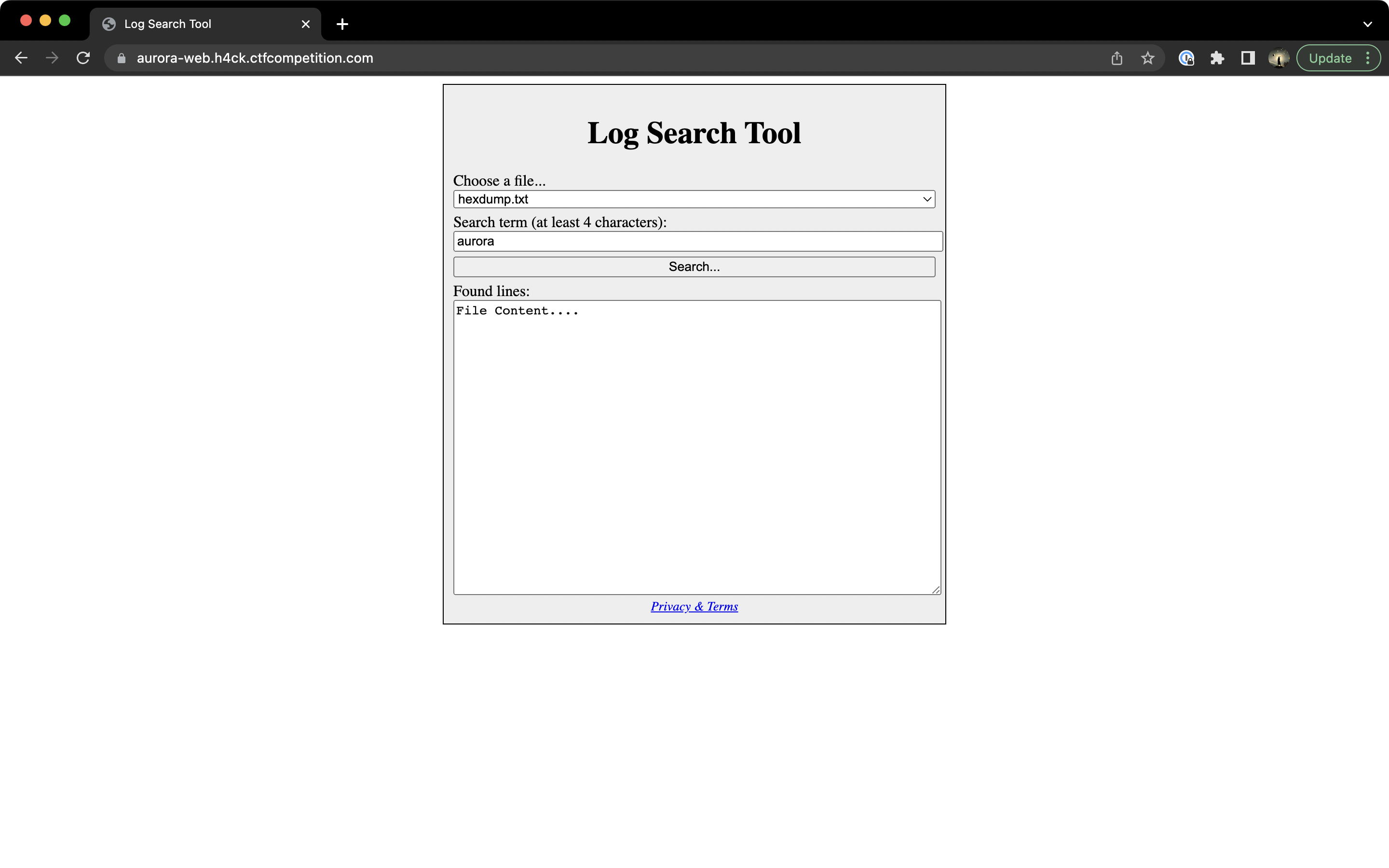 The main page of the log search tool.